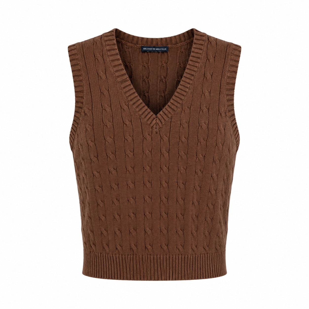 Brandy Melville Brown Cable Knit Sweater Vest V-Neck 100% Cotton One Size Preppy